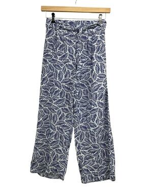 Midnight Sky High Waisted Pull On Pants Navy White Tropical Leaf Motif Medium